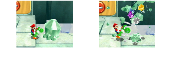 Wiiリモコンを振ると、ヨッシーが頭を振って、敵を気絶させたり、しかけをうごかしたりします。