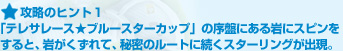 攻略のヒント１:「テレサレース★ブルースターカップ」の序盤にある岩にスピンをすると、岩がくずれて、秘密のルートに続くスターリングが出現。